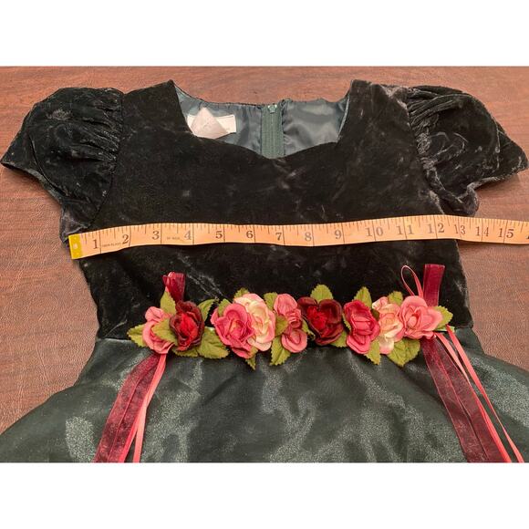Vintage Bonnie Jean Girls Dress Green Velvet Sweetheart Neck Roses Ribbons Sze 8 - Picture 5 of 10